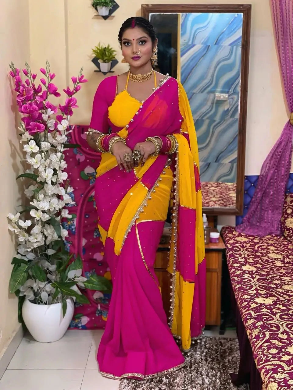 Box Pattern Georgette Saree with Mirror Work and Gotta Lace