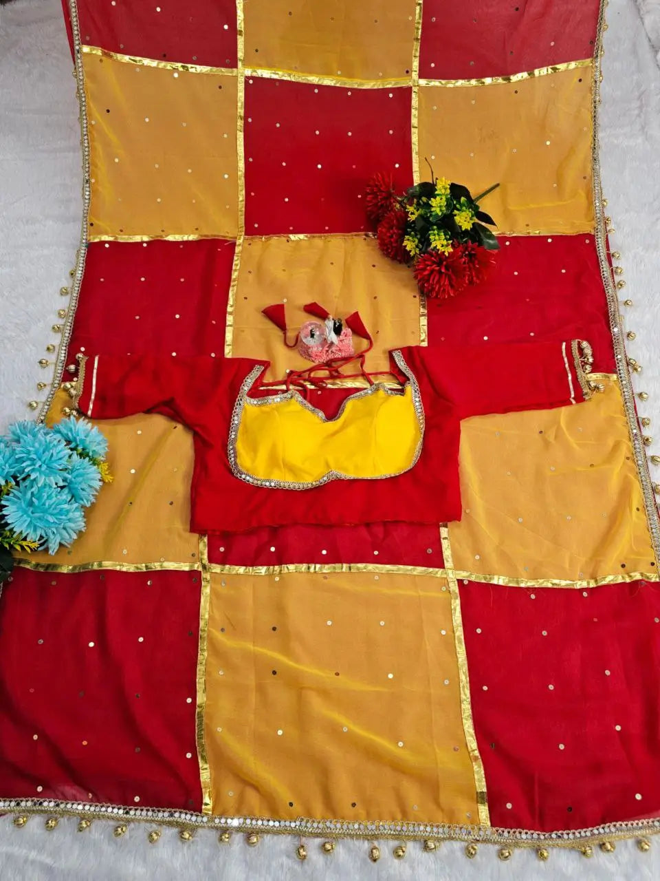 Box Pattern Georgette Saree with Mirror Work and Gotta Lace