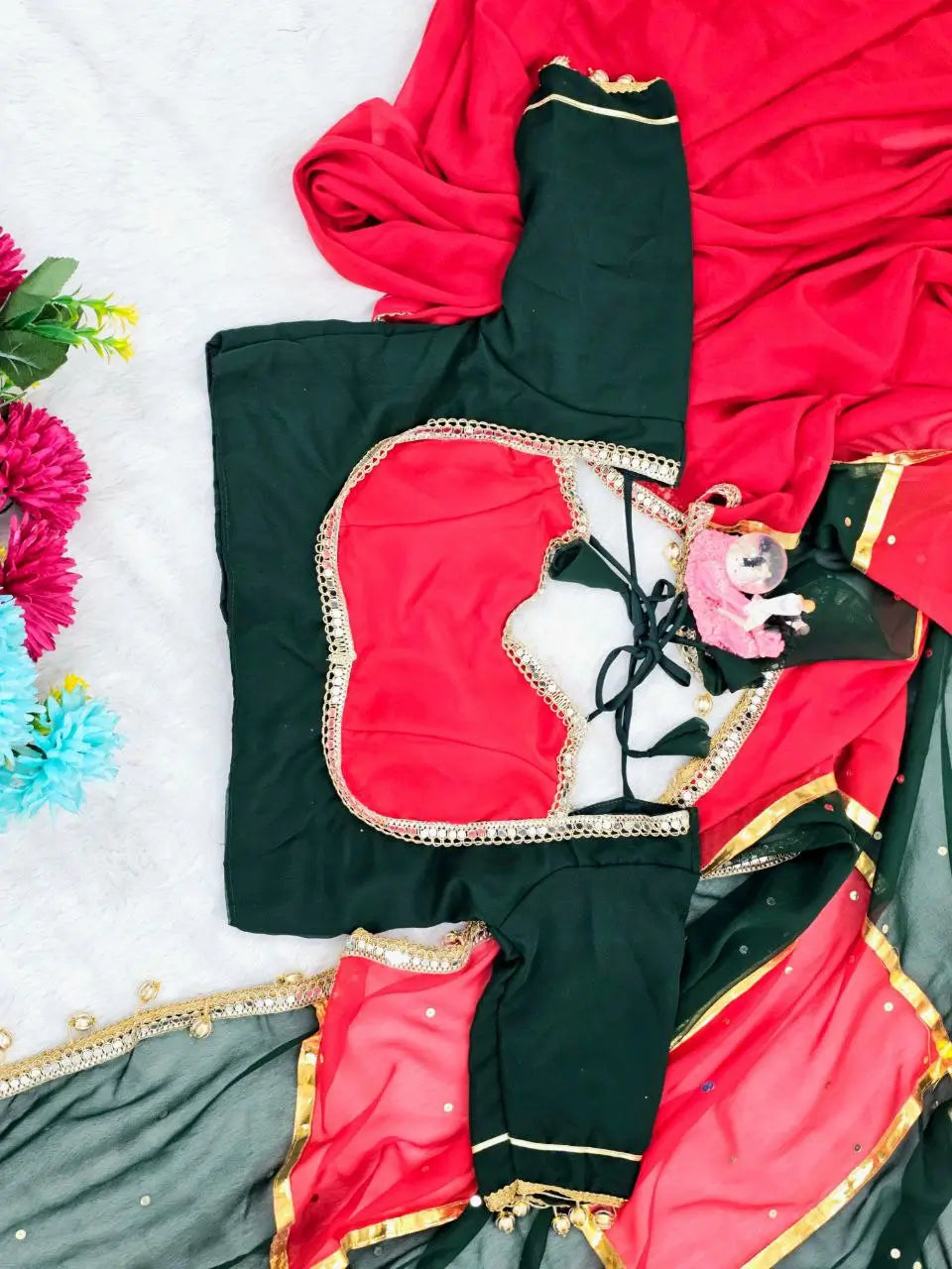 Box Pattern Georgette Saree with Mirror Work and Gotta Lace