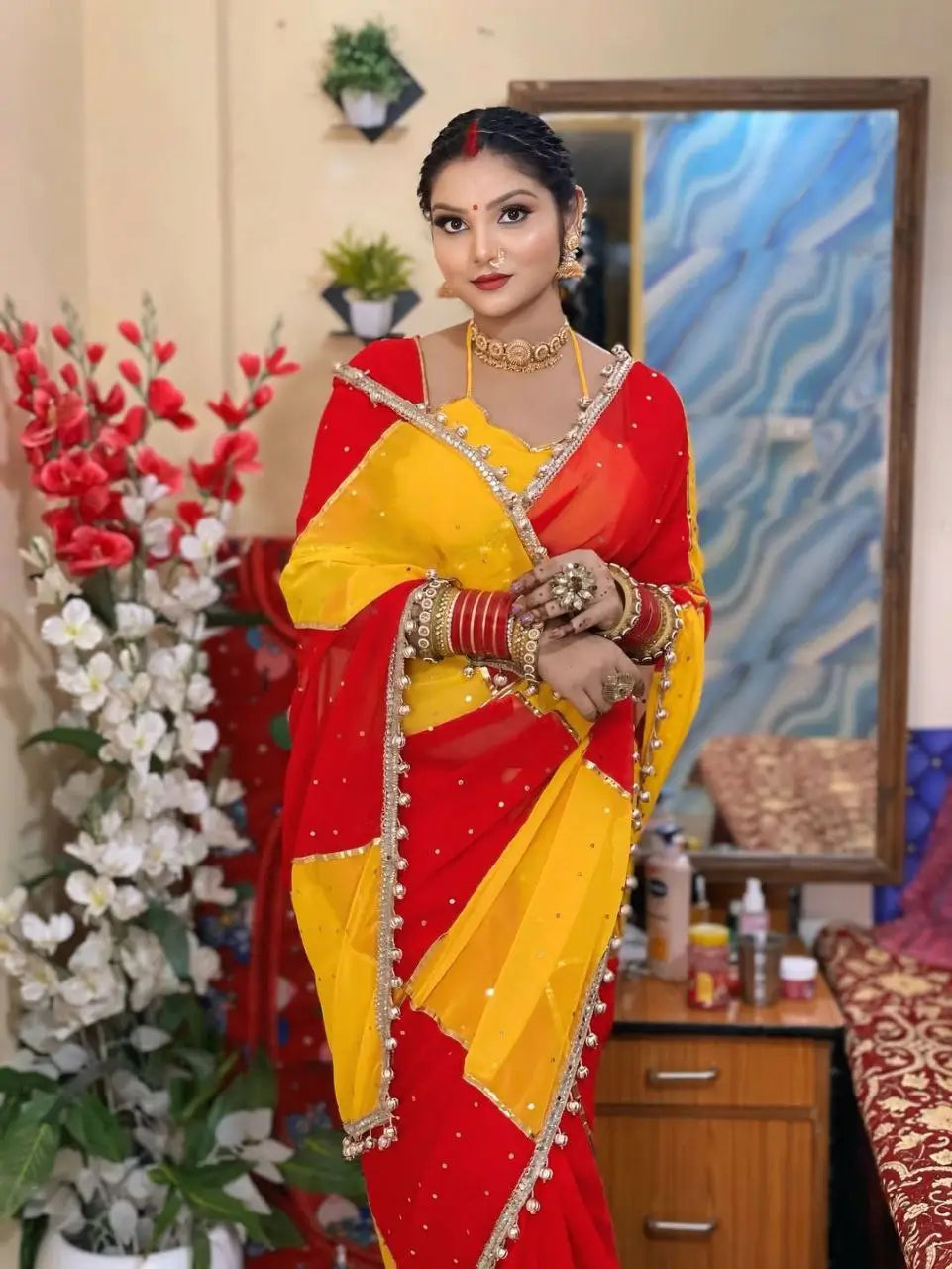 Box Pattern Georgette Saree with Mirror Work and Gotta Lace