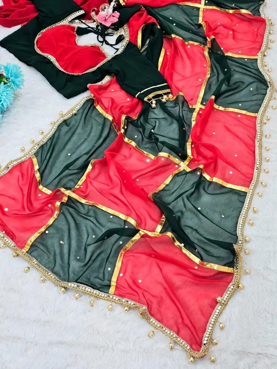 Box Pattern Georgette Saree with Mirror Work and Gotta Lace