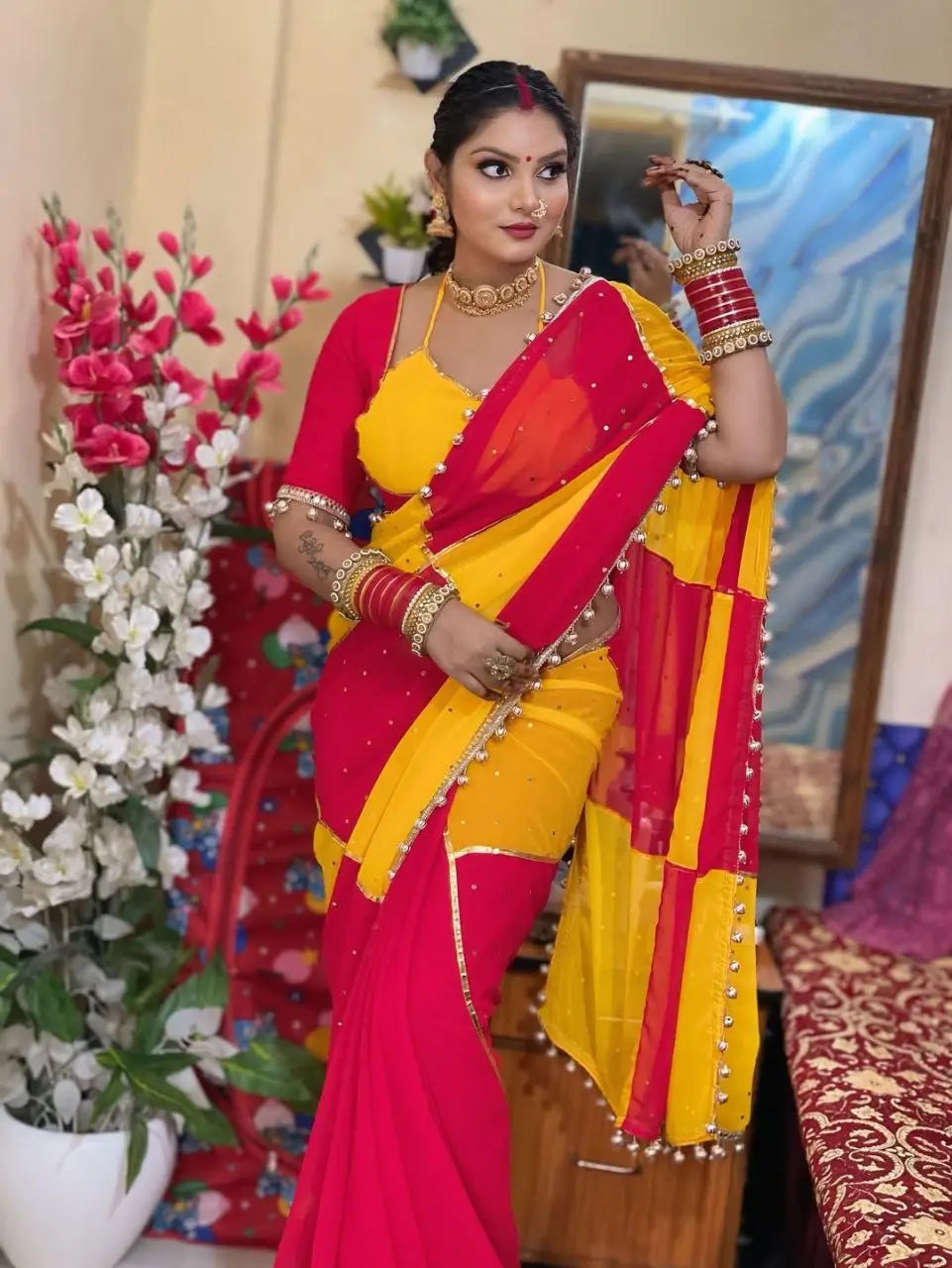 Box Pattern Georgette Saree with Mirror Work and Gotta Lace