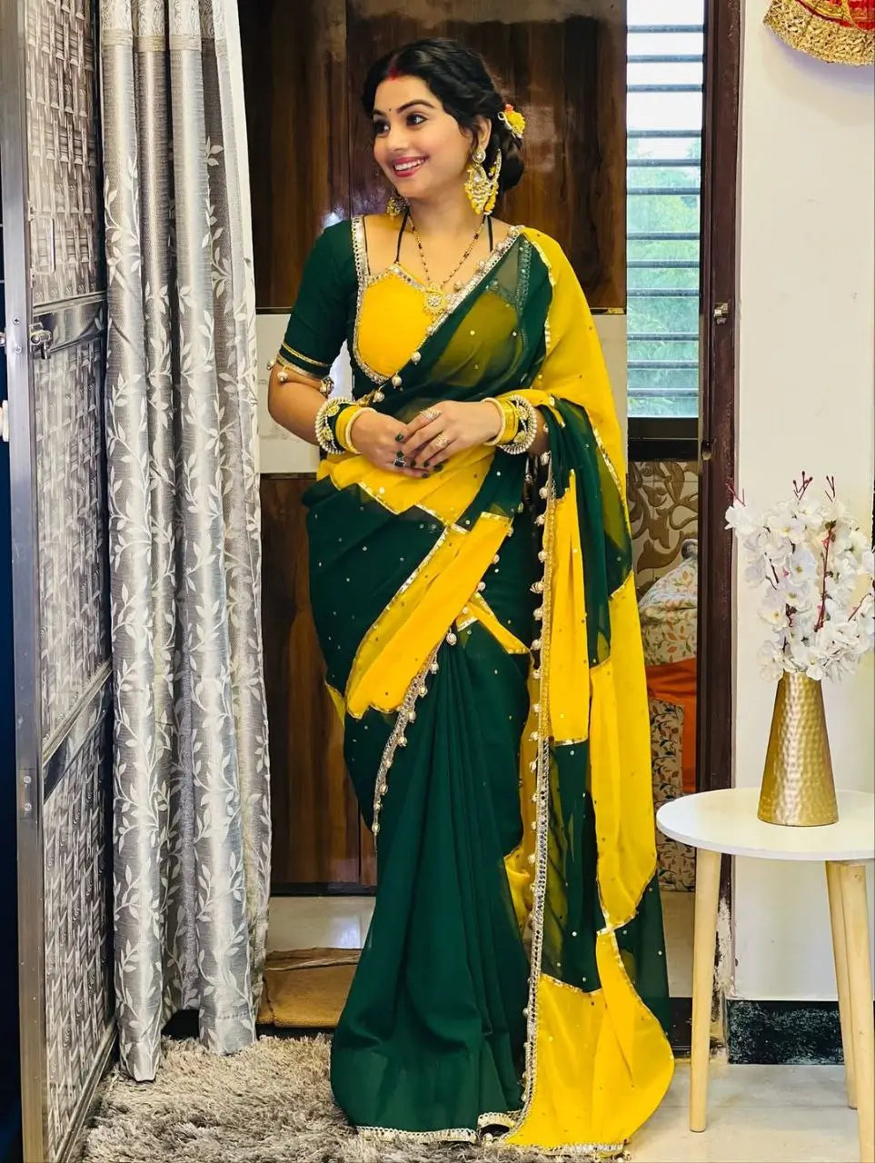 Box Pattern Georgette Saree with Mirror Work and Gotta Lace