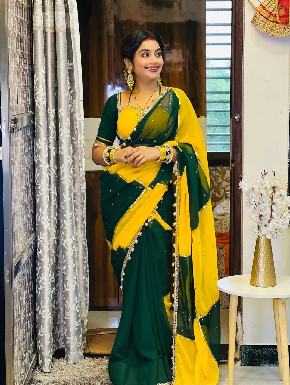 Box Pattern Georgette Saree with Mirror Work and Gotta Lace