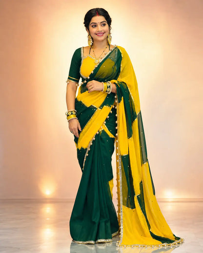 Box Pattern Georgette Saree with Mirror Work and Gotta Lace