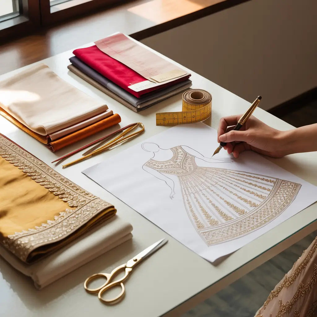 Design process of a dress with fabric samples and tools on a table.
