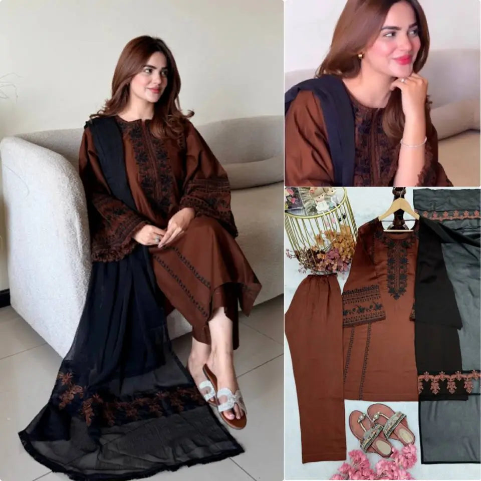 Brown Roman Silk Kurta Set with Dupatta