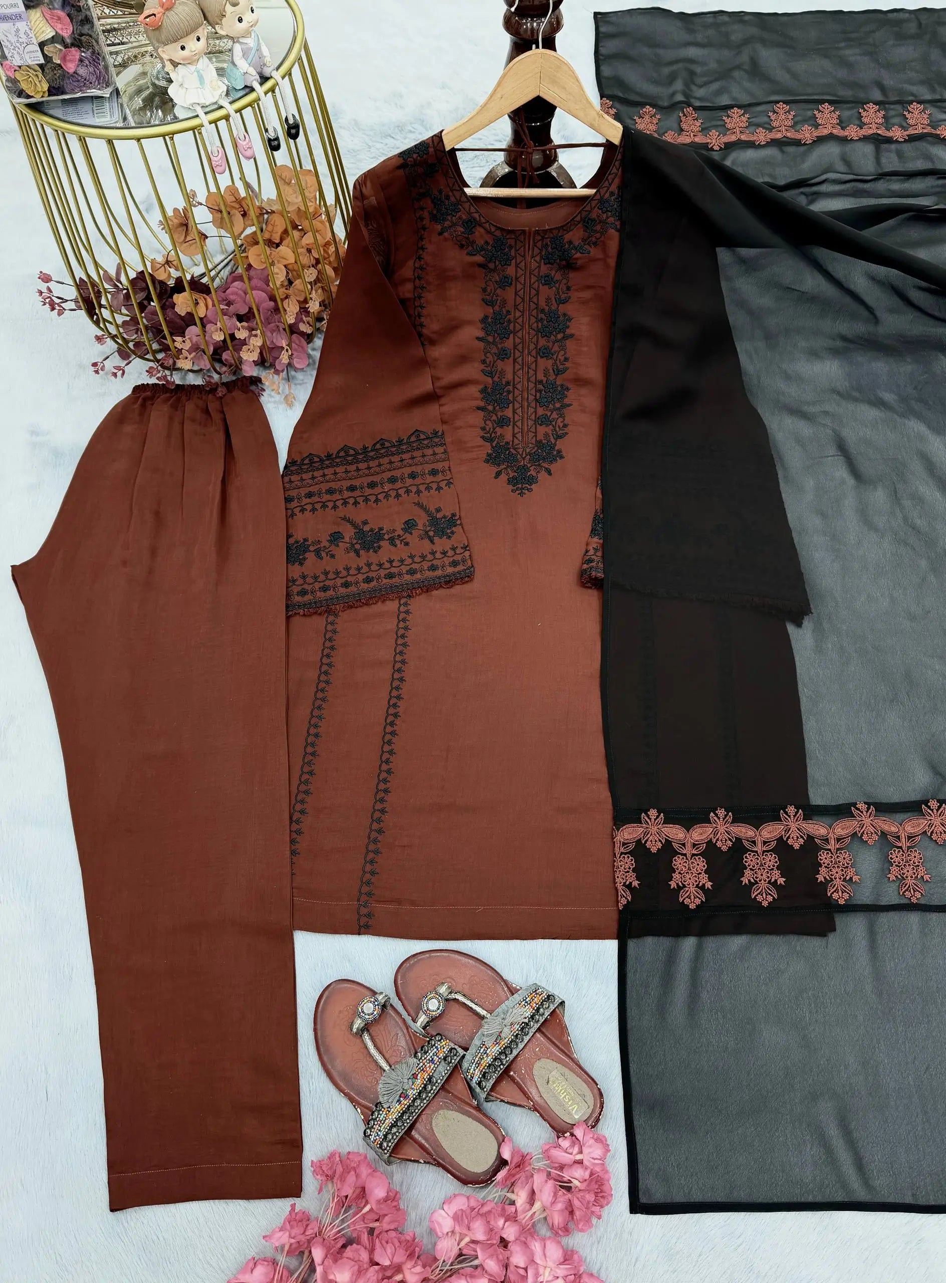 Brown Roman Silk Kurta Set with Dupatta