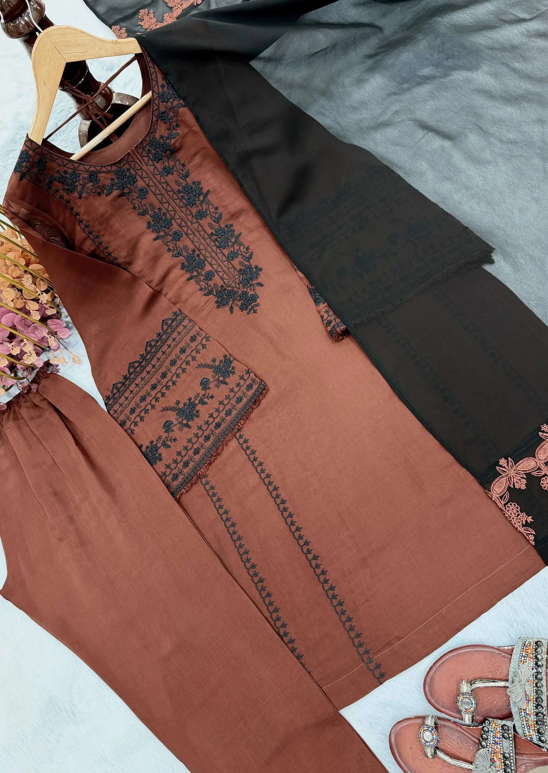 Brown Roman Silk Kurta Set with Dupatta