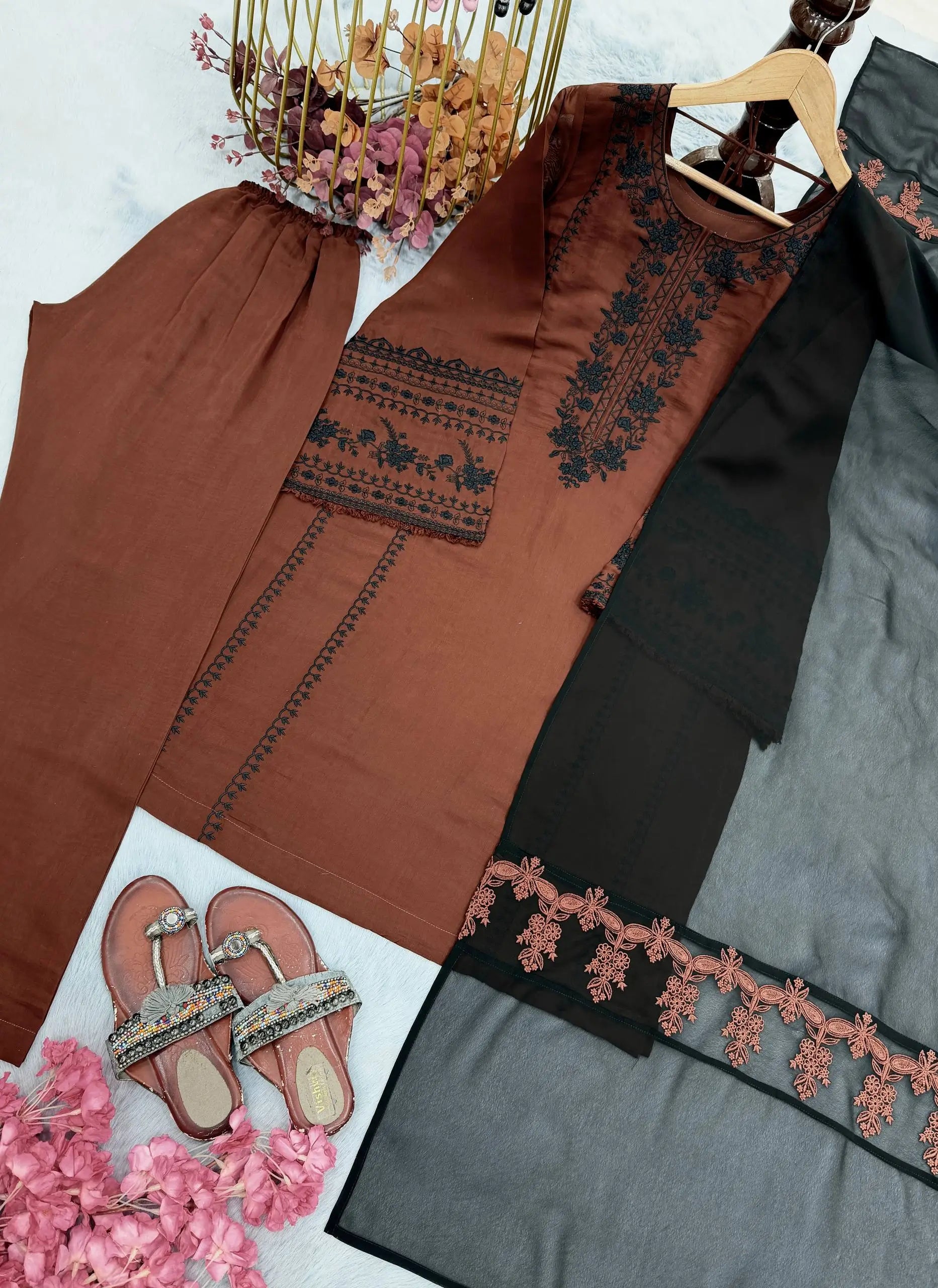 Brown Roman Silk Kurta Set with Dupatta