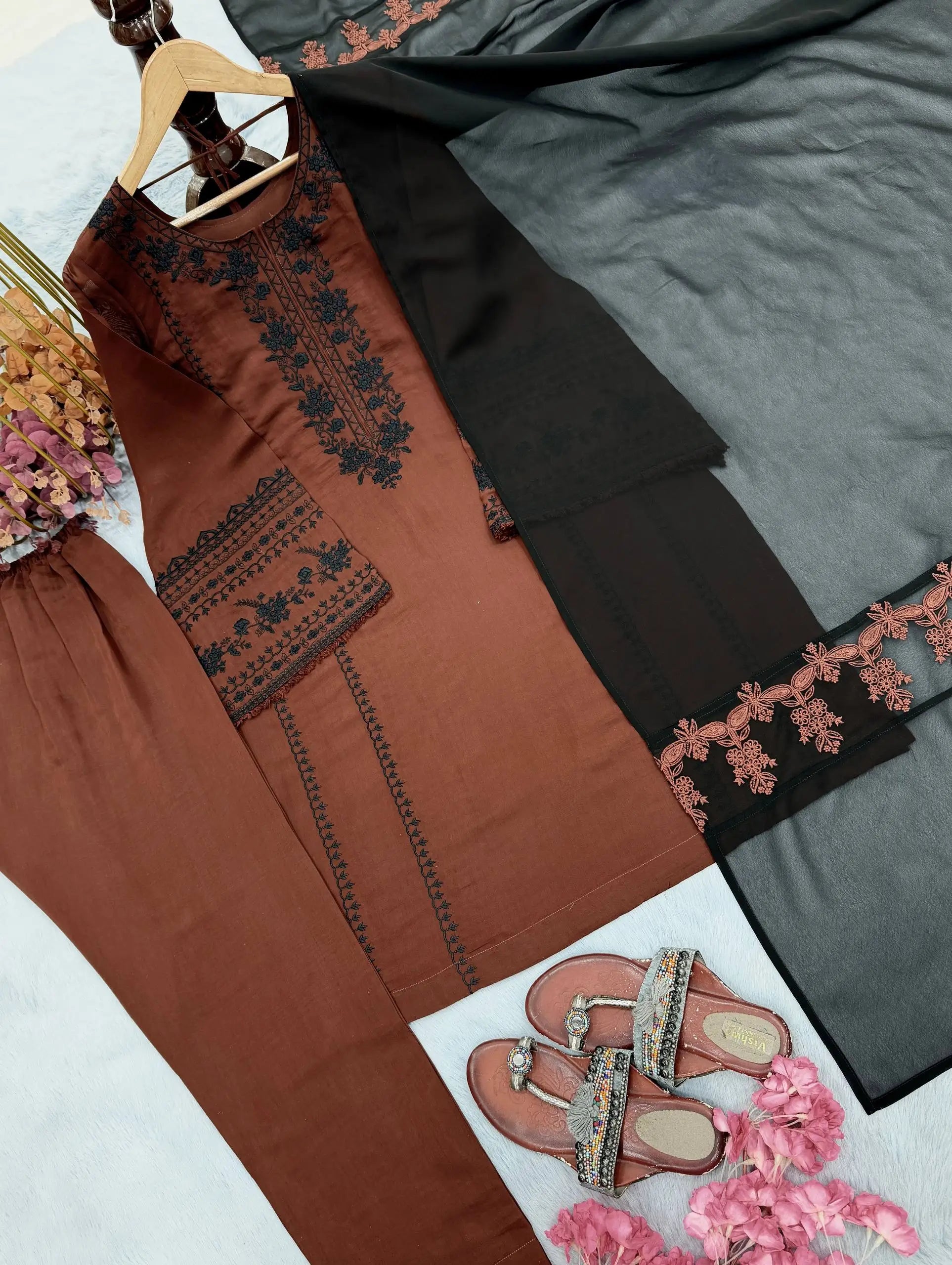 Brown Roman Silk Kurta Set with Dupatta