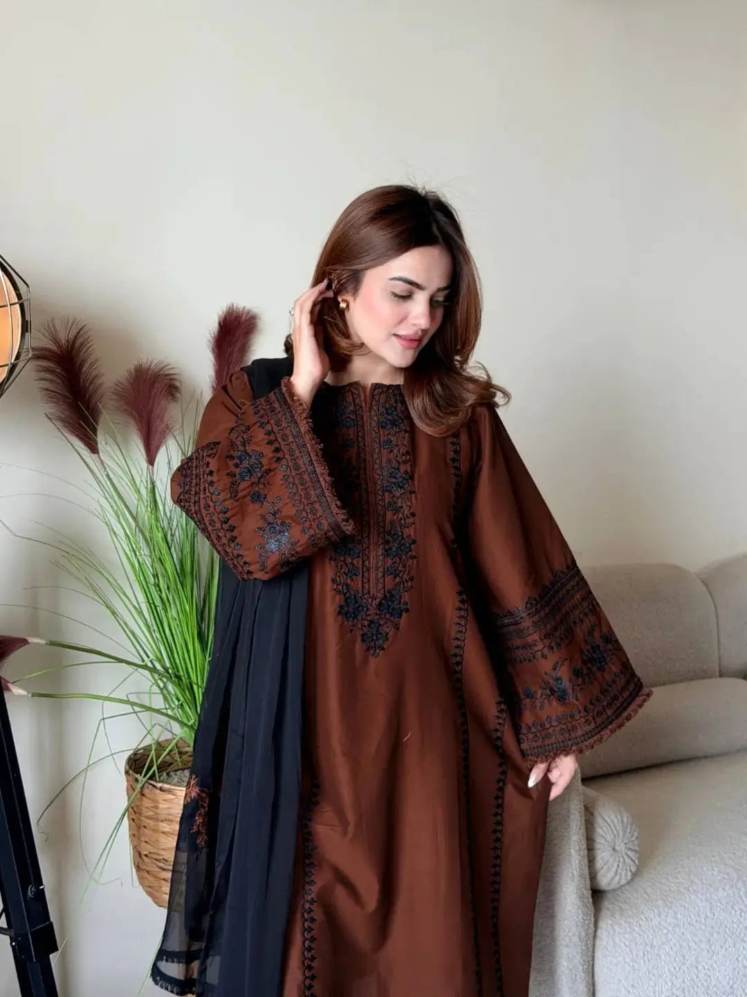 Brown Roman Silk Kurta Set with Dupatta