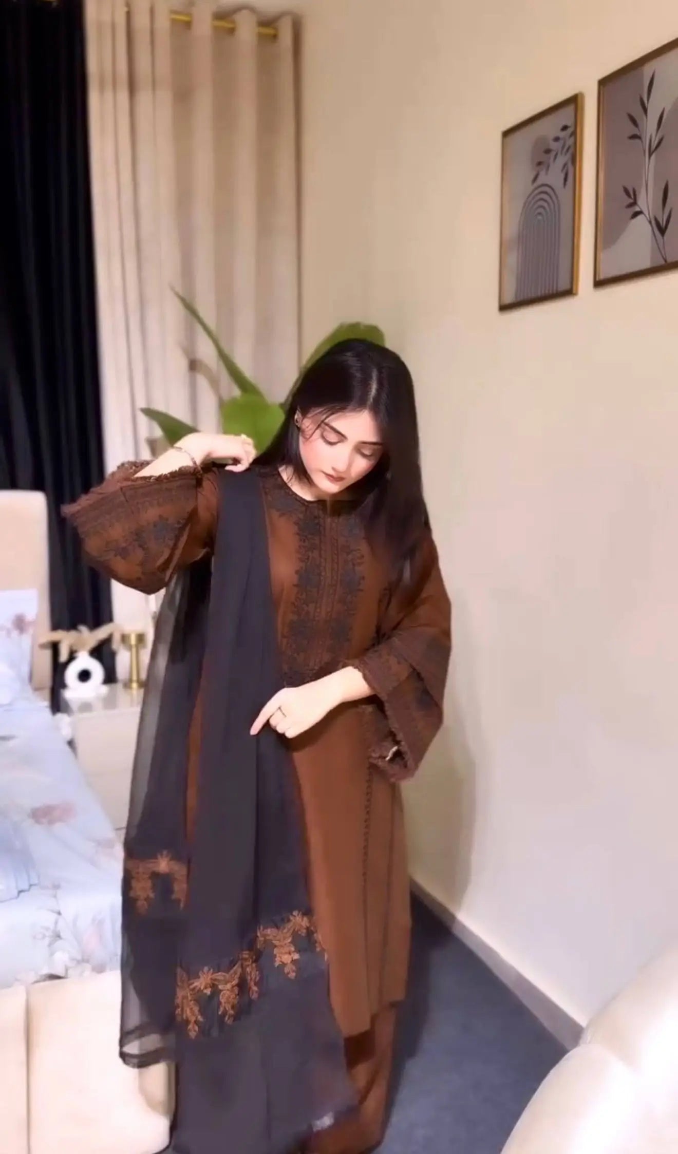 Brown Roman Silk Kurta Set with Dupatta