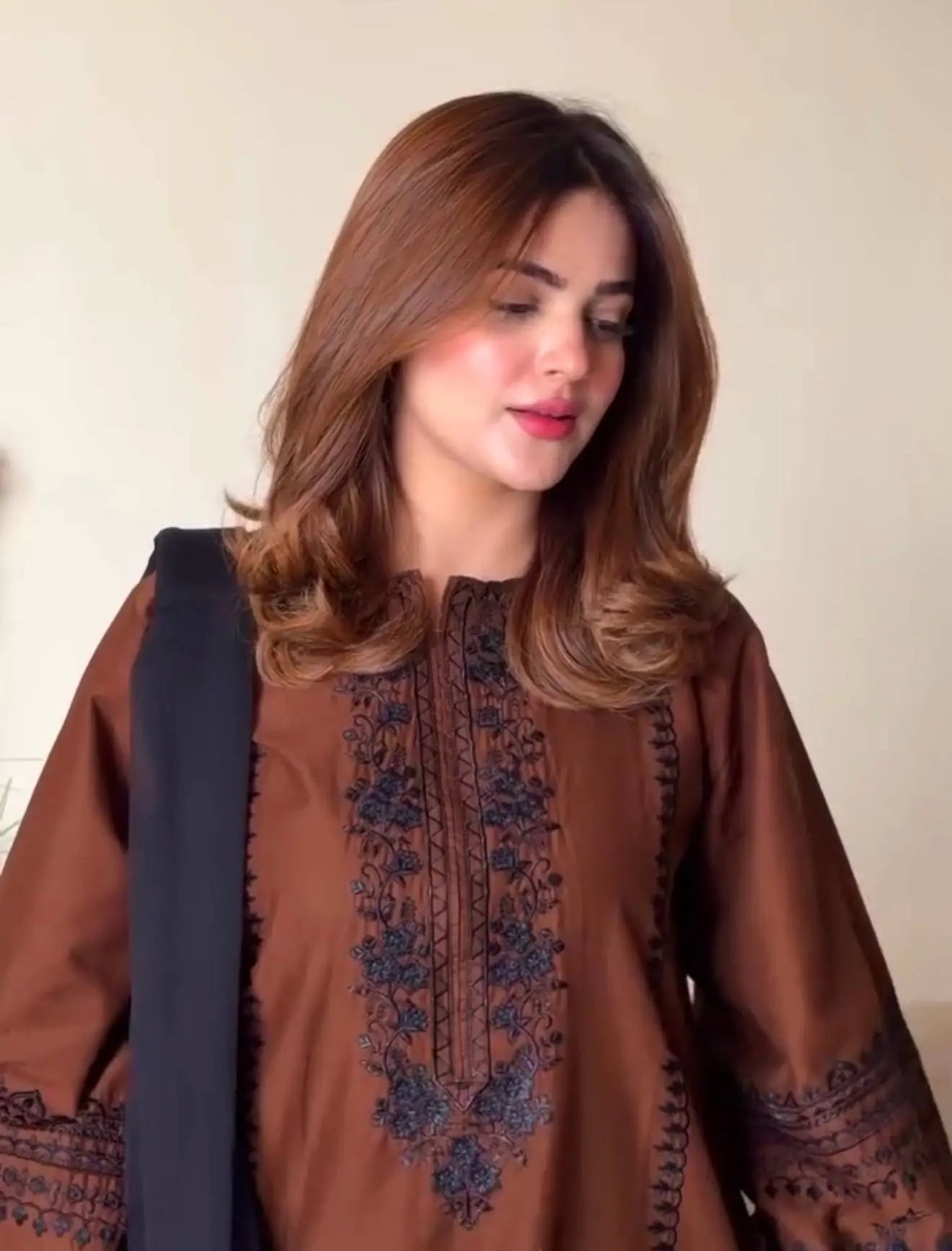 Brown Roman Silk Kurta Set with Dupatta