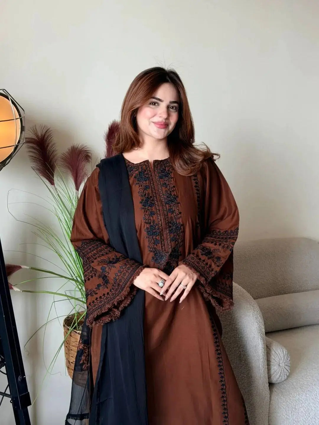 Brown Roman Silk Kurta Set with Dupatta