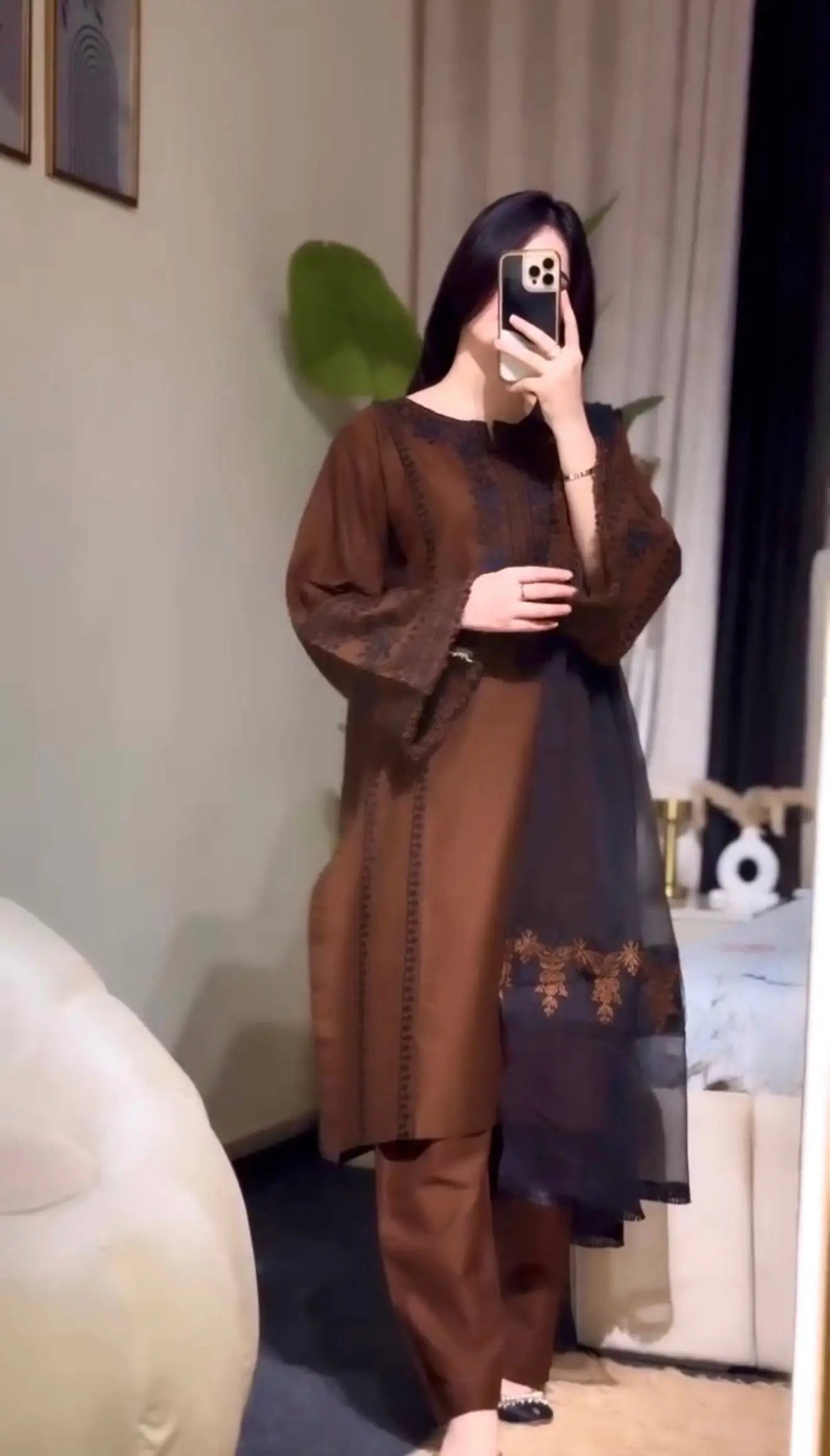Brown Roman Silk Kurta Set with Dupatta