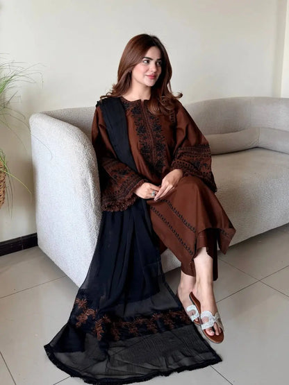 Brown Roman Silk Kurta Set with Dupatta