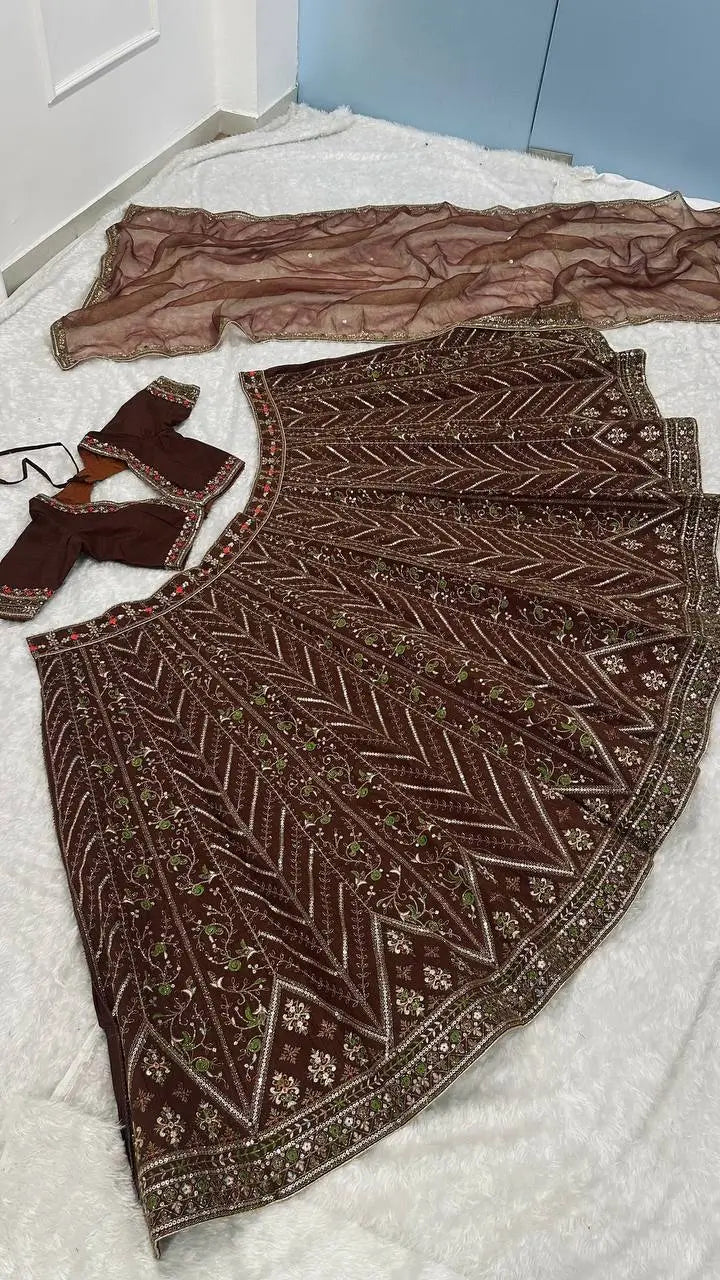 Brown Thai Silk Lehenga with Dori Work