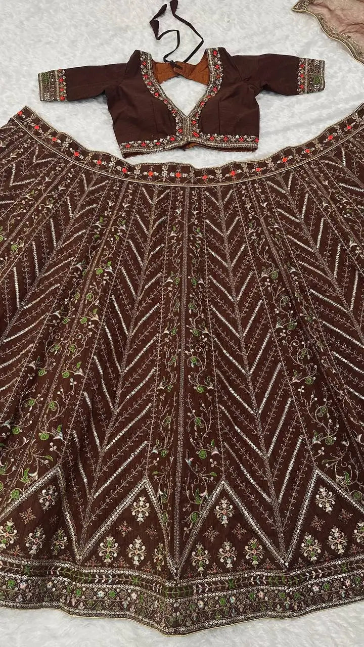 Brown Thai Silk Lehenga with Dori Work