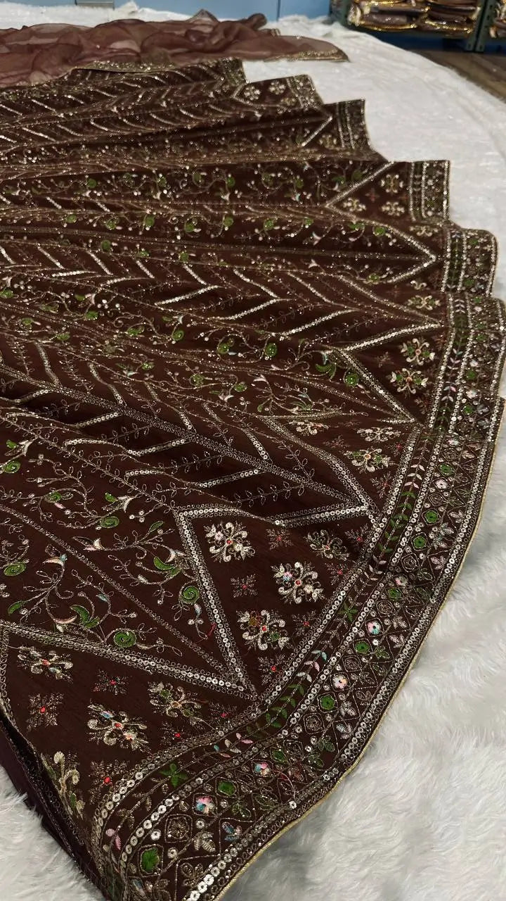 Brown Thai Silk Lehenga with Dori Work