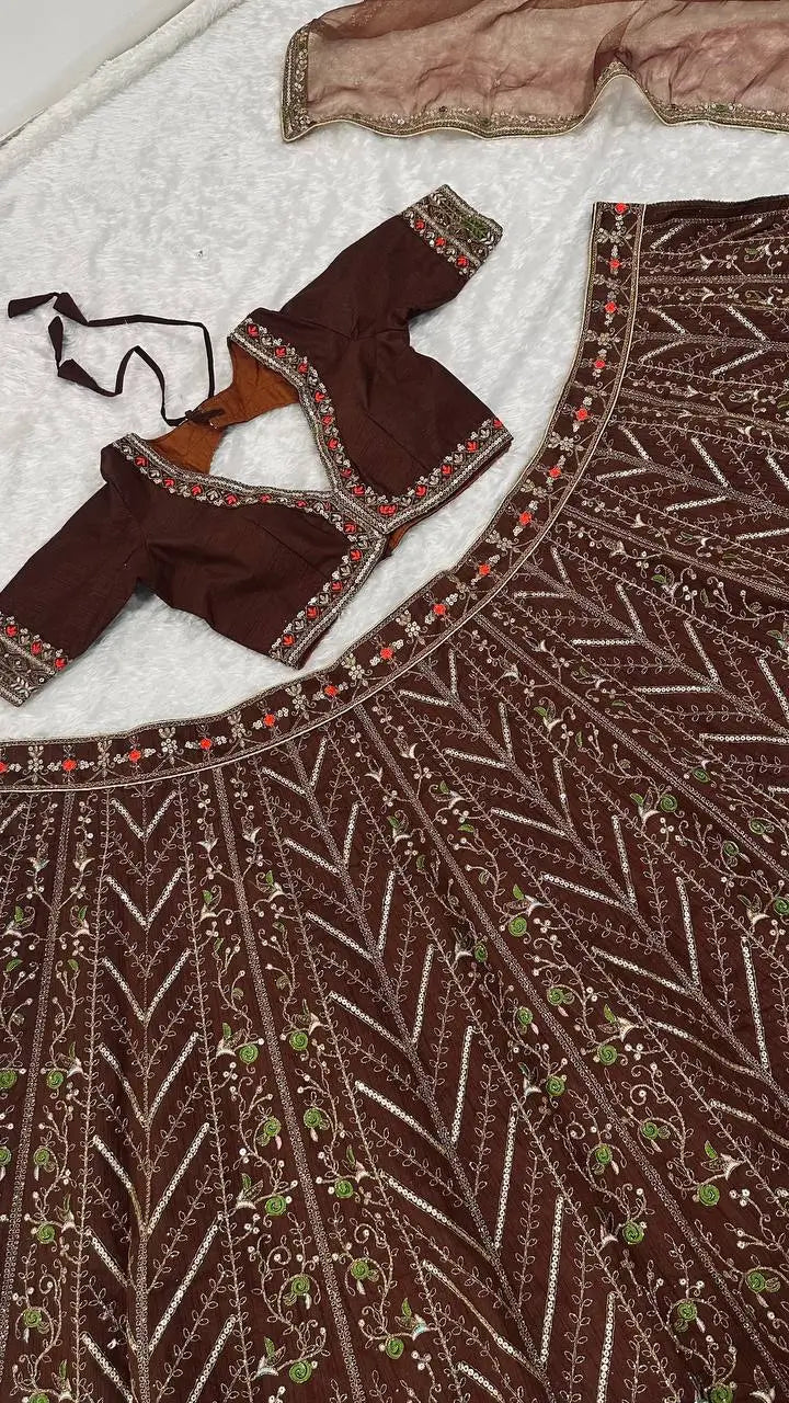 Brown Thai Silk Lehenga with Dori Work