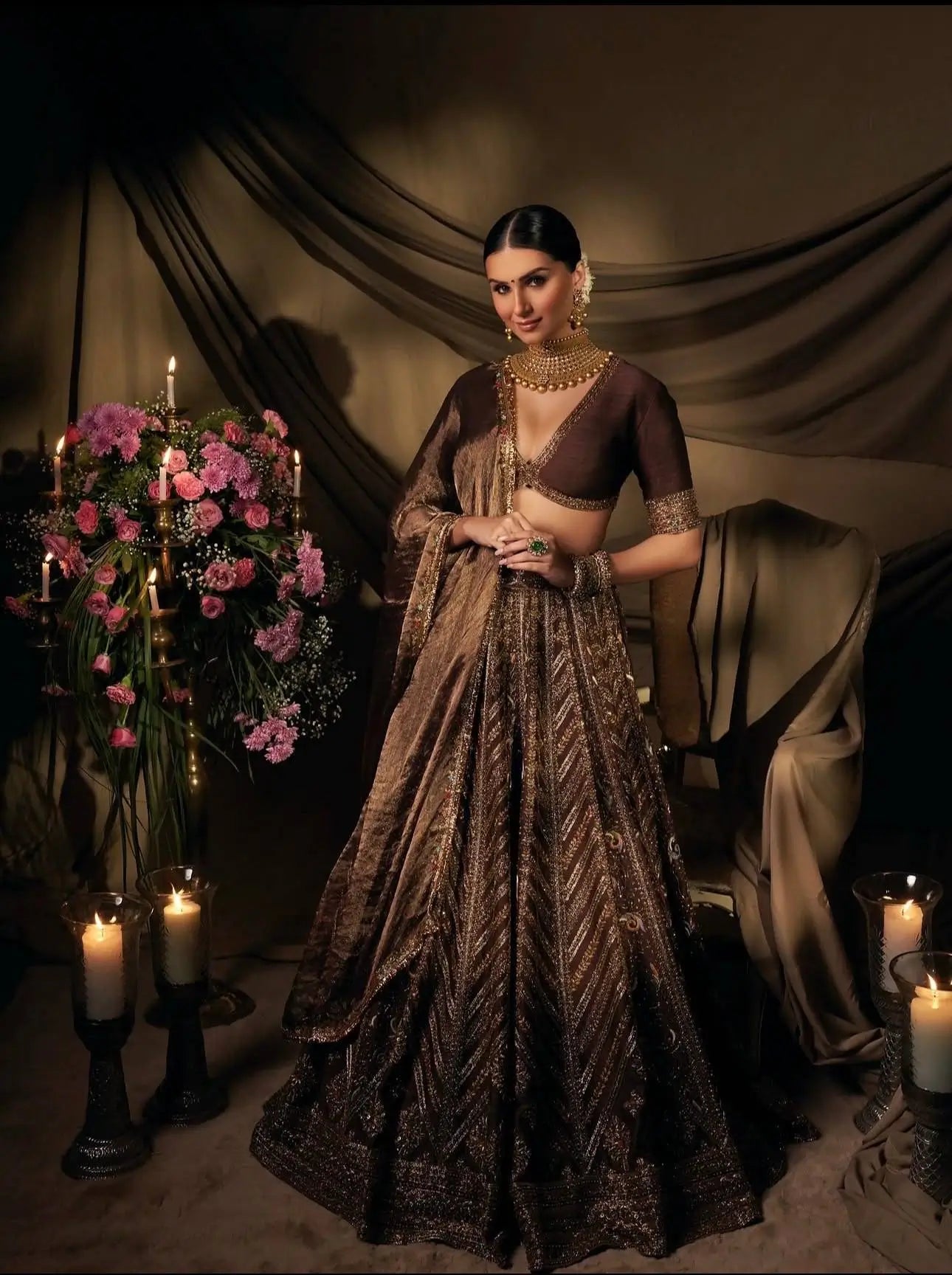 Brown Thai Silk Lehenga with Dori Work
