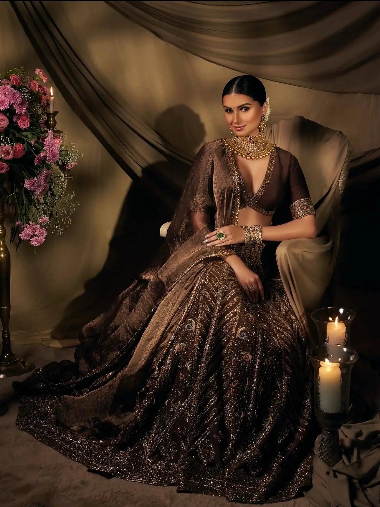 Brown Thai Silk Lehenga with Dori Work