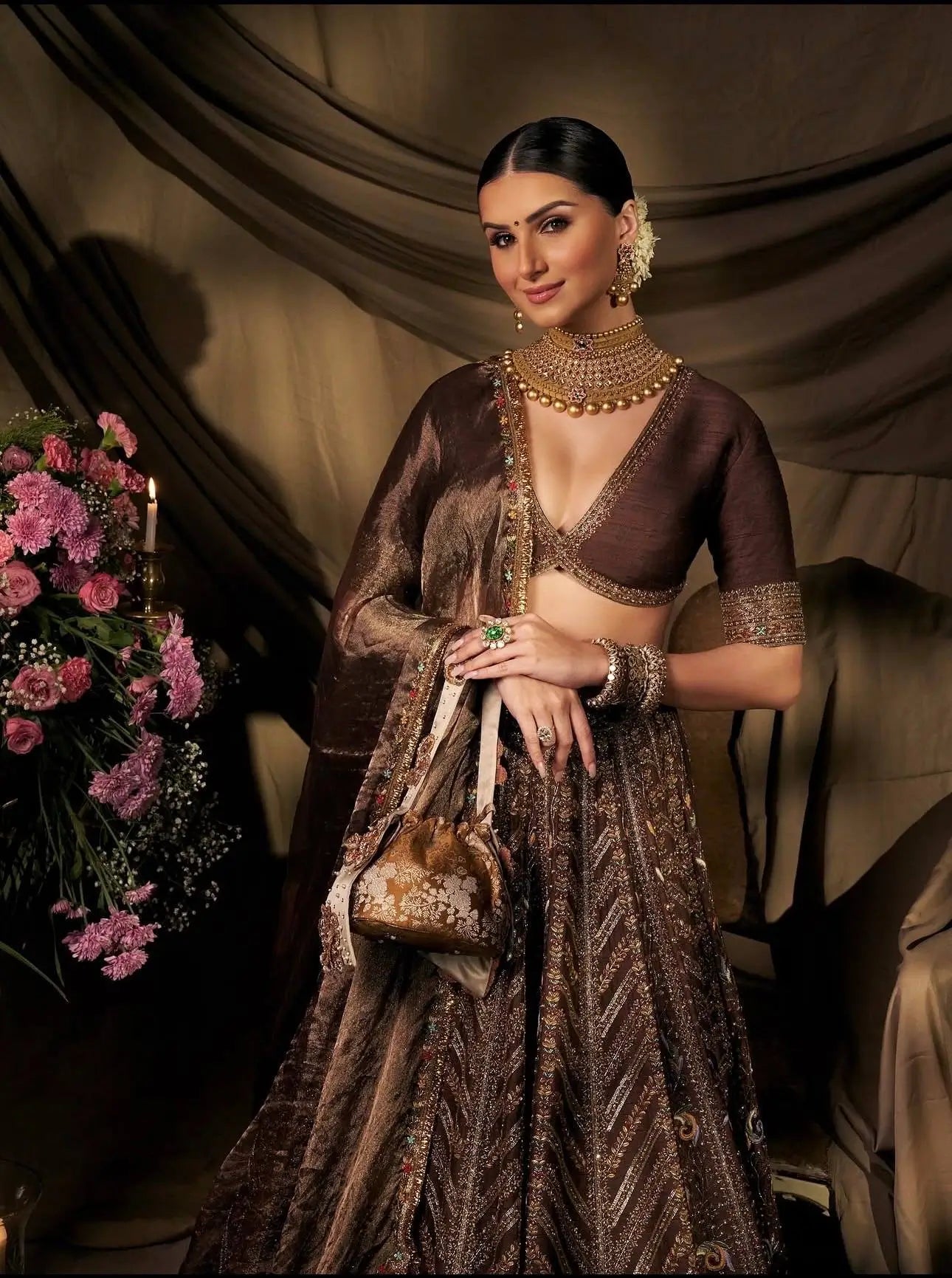 Brown Thai Silk Lehenga with Dori Work