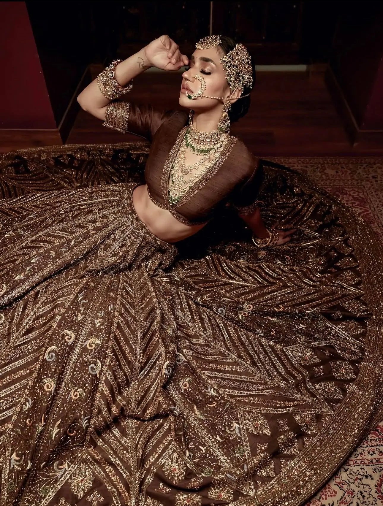 Brown Thai Silk Lehenga with Dori Work
