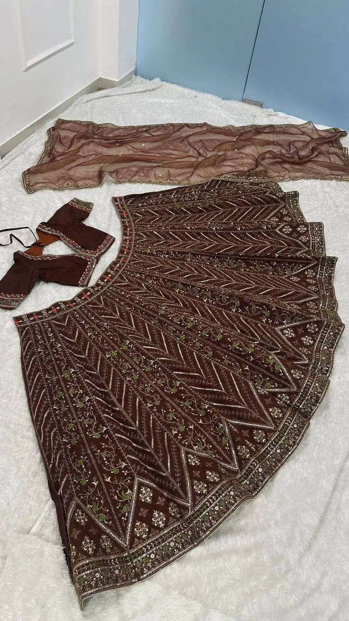 Brown Thai Silk Lehenga with Dori Work