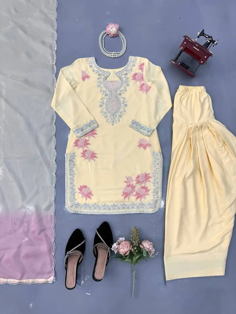Butter Yellow Embroidered Farshi Palazzo Suit Set with Shaded Dupatta
