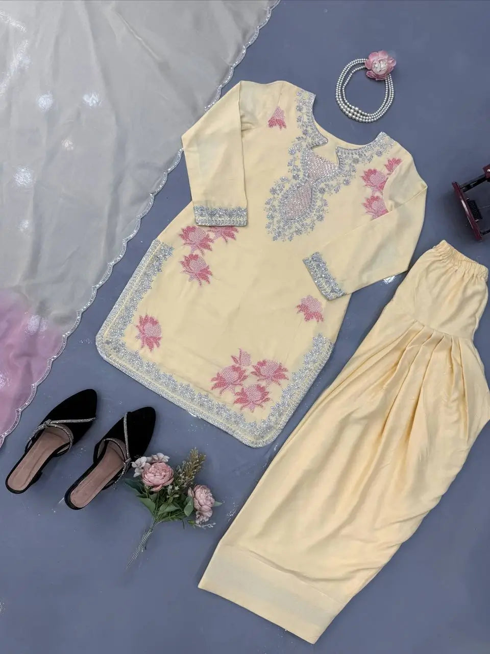 Butter Yellow Embroidered Farshi Palazzo Suit Set with Shaded Dupatta