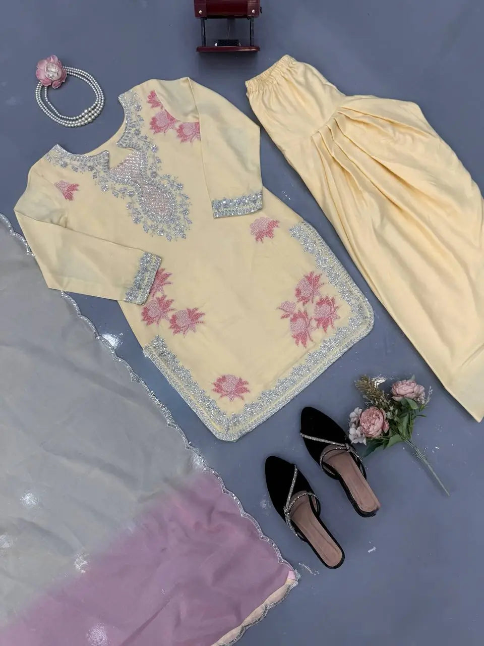 Butter Yellow Embroidered Farshi Palazzo Suit Set with Shaded Dupatta