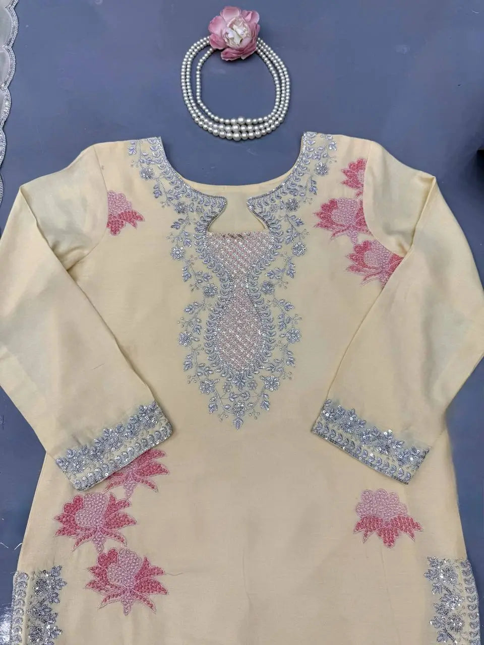 Butter Yellow Embroidered Farshi Palazzo Suit Set with Shaded Dupatta