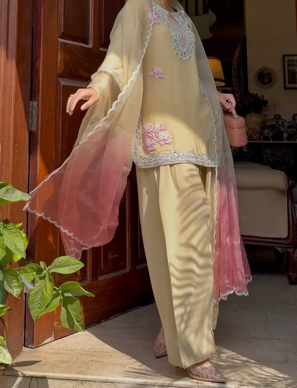 Butter Yellow Embroidered Farshi Palazzo Suit Set with Shaded Dupatta