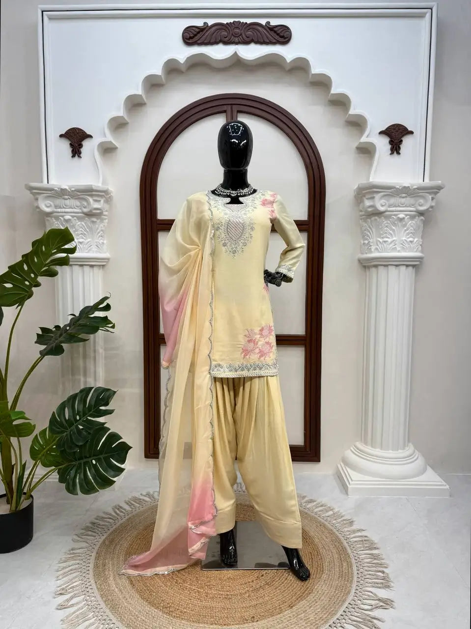 Butter Yellow Embroidered Farshi Palazzo Suit Set with Shaded Dupatta