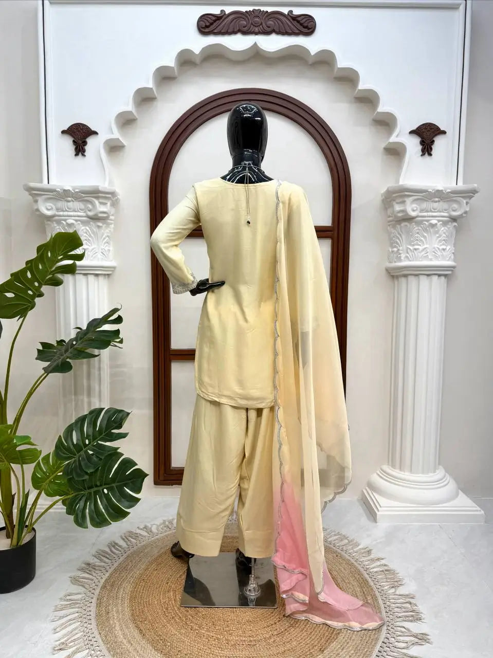 Butter Yellow Embroidered Farshi Palazzo Suit Set with Shaded Dupatta