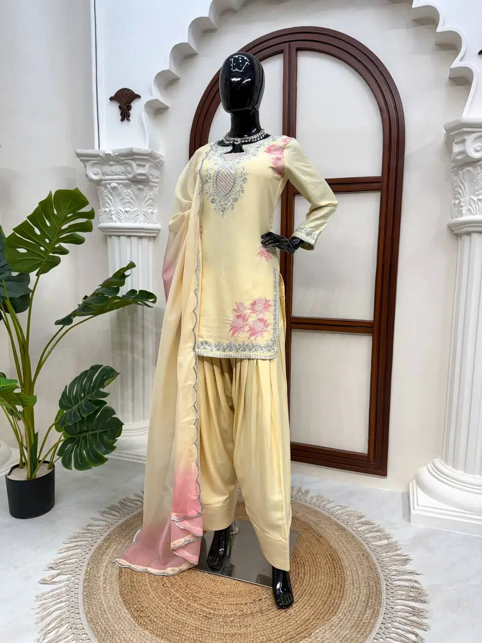 Butter Yellow Embroidered Farshi Palazzo Suit Set with Shaded Dupatta