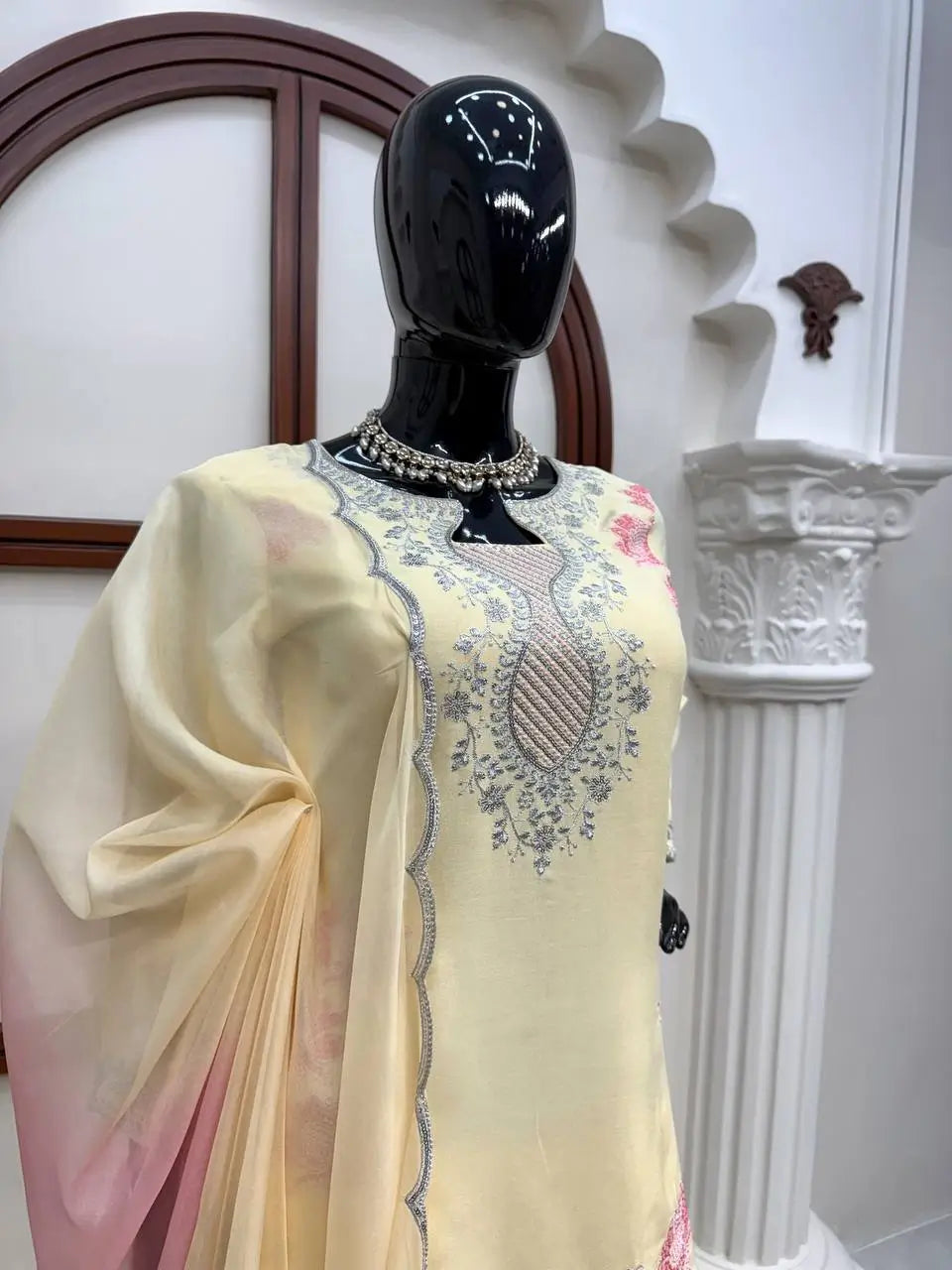 Butter Yellow Embroidered Farshi Palazzo Suit Set with Shaded Dupatta