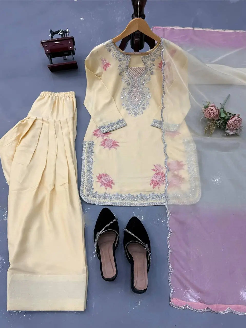 Butter Yellow Embroidered Farshi Palazzo Suit Set with Shaded Dupatta