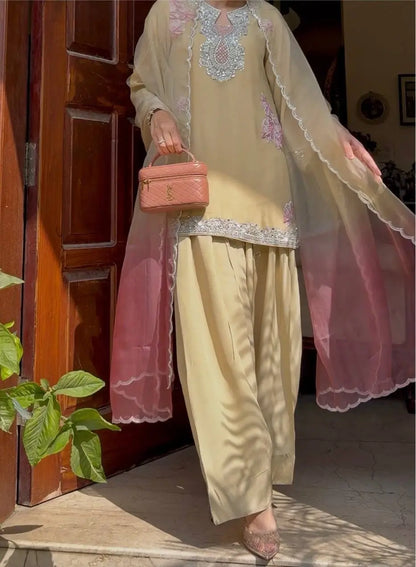 Butter Yellow Embroidered Farshi Palazzo Suit Set with Shaded Dupatta