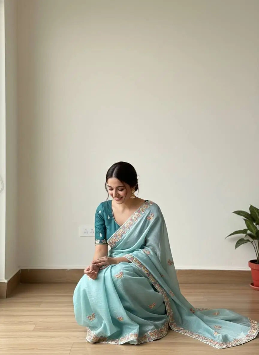 Butterfly Motif Crushed Organza Embroidered Saree