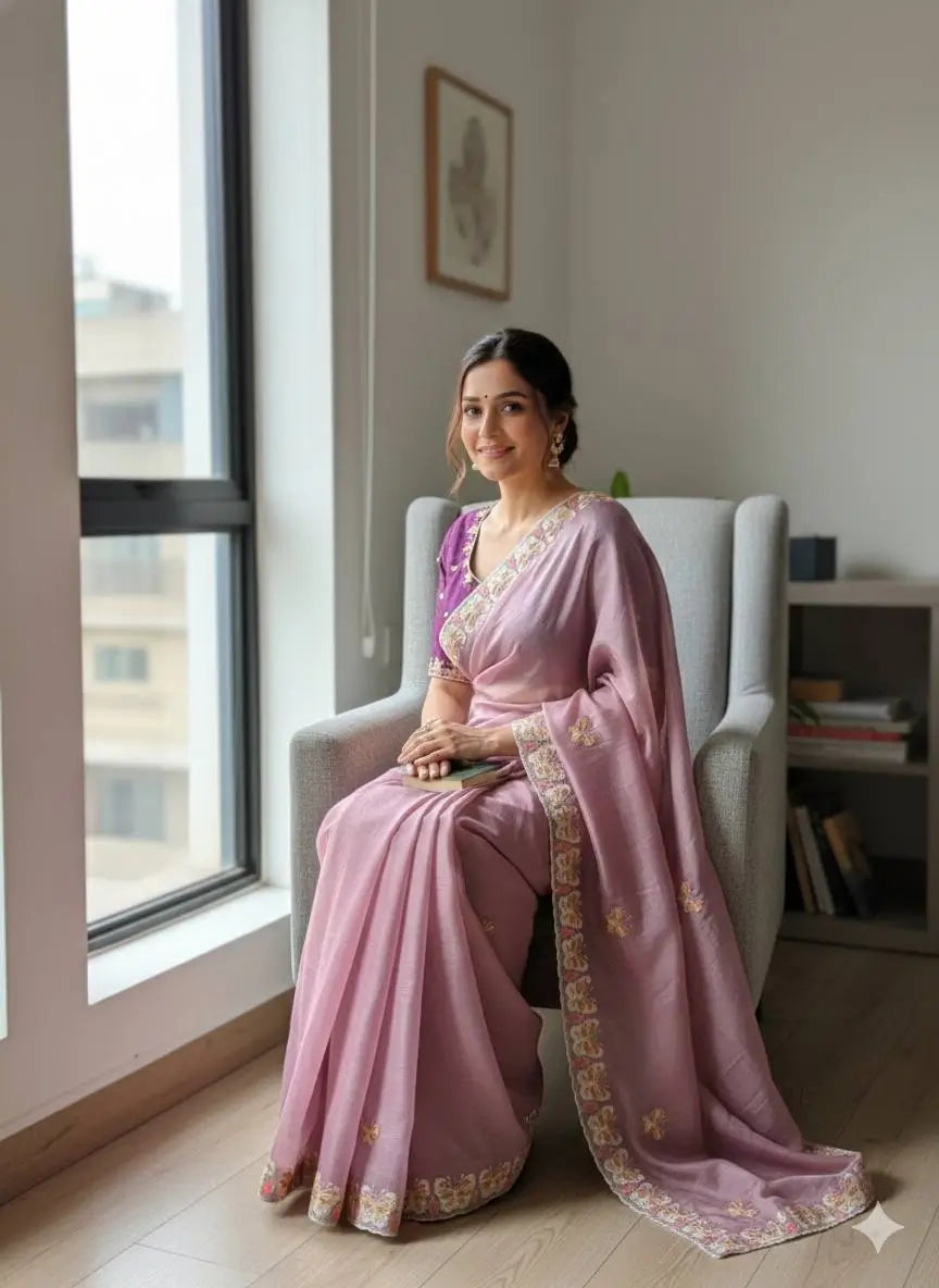 Butterfly Motif Crushed Organza Embroidered Saree