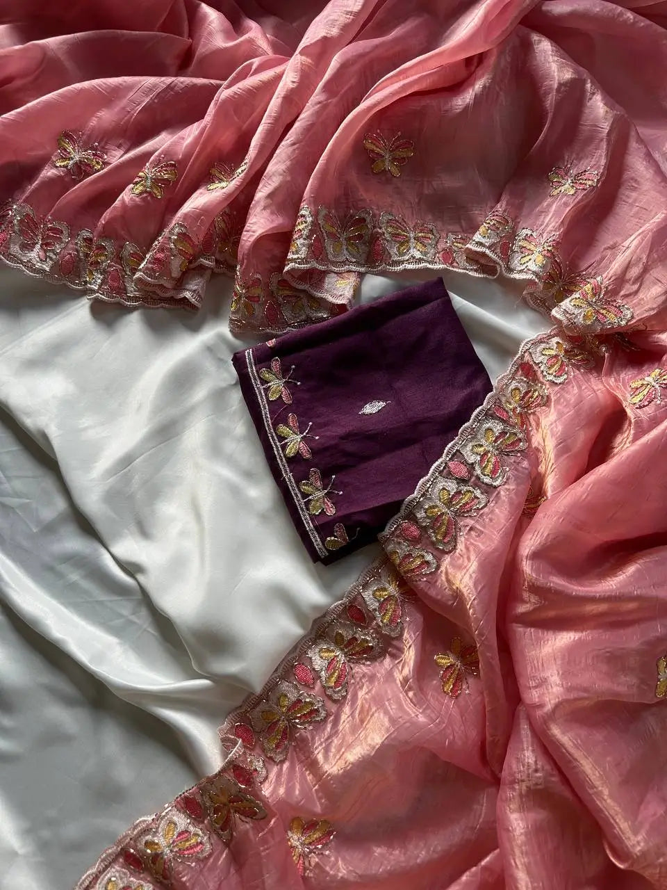 Butterfly Motif Crushed Organza Embroidered Saree