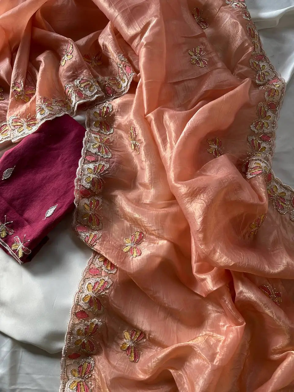 Butterfly Motif Crushed Organza Embroidered Saree