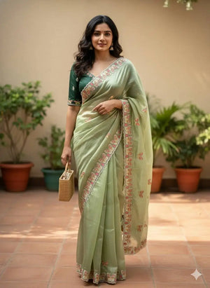 Butterfly Motif Crushed Organza Embroidered Saree