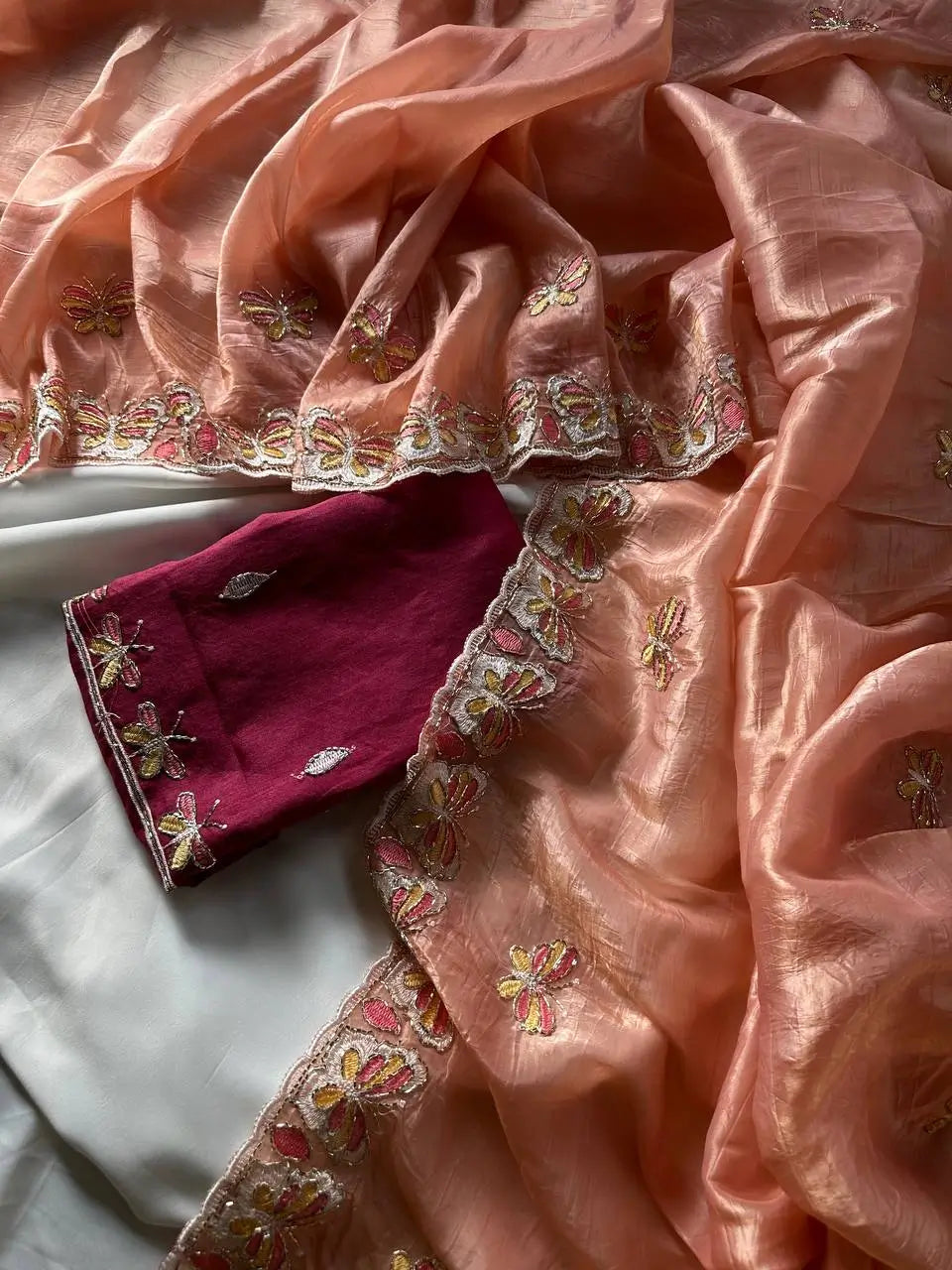 Butterfly Motif Crushed Organza Embroidered Saree