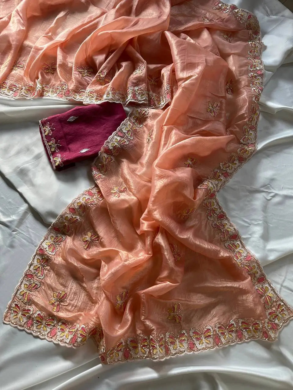 Butterfly Motif Crushed Organza Embroidered Saree