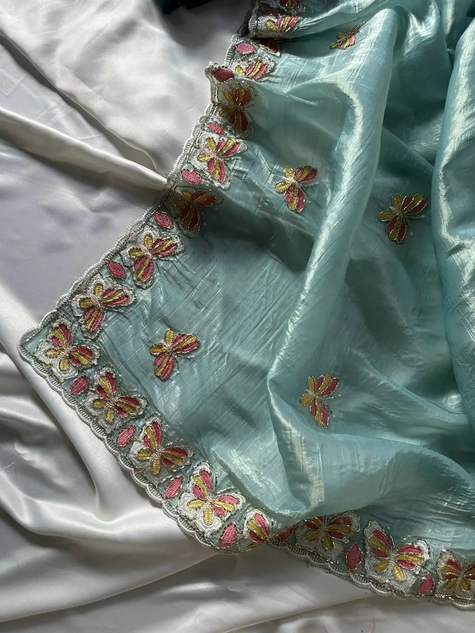 Butterfly Motif Crushed Organza Embroidered Saree