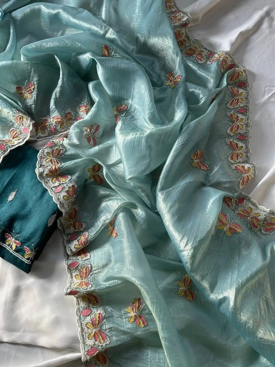 Butterfly Motif Crushed Organza Embroidered Saree